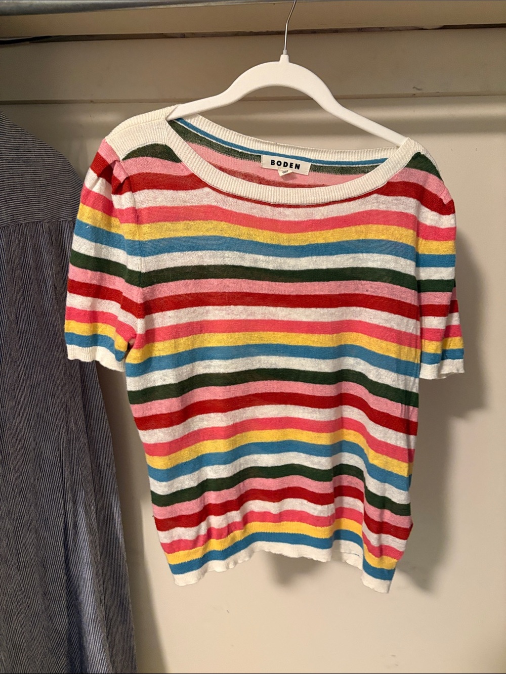 Boden Short-Sleeve Striped Knit Top in Red, Yellow, Blue, Green & Cream